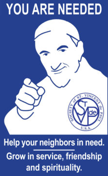 A blue and white flyer which reads, "You Are Needed." An image of St. Vincent de Paul pointing to the reader with the SVdP blue logo contains the bulk of the image.